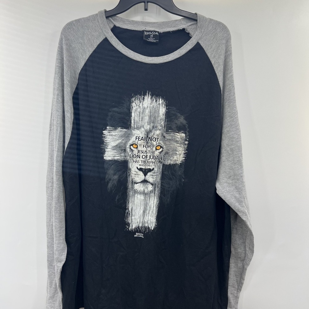 Vintage Kerusso Lion Cross Raglan Shirt Mens 3XL XXXL Long Sleeve Fear Not EUC